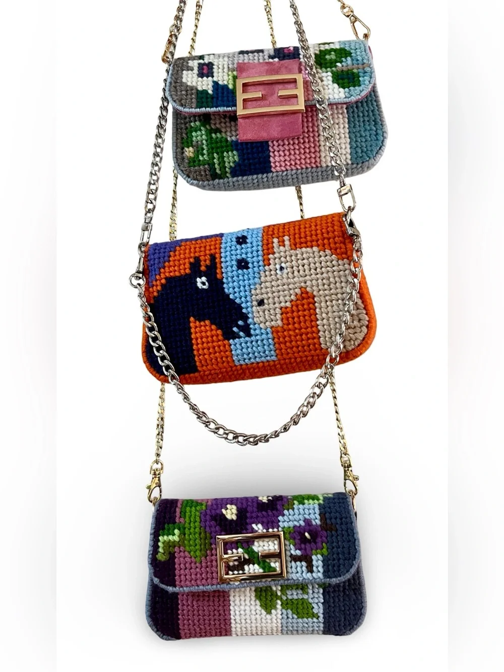 Needlepoint Mini Baguette Bag Equestrian Theme Clutch with Silver Chain Strap